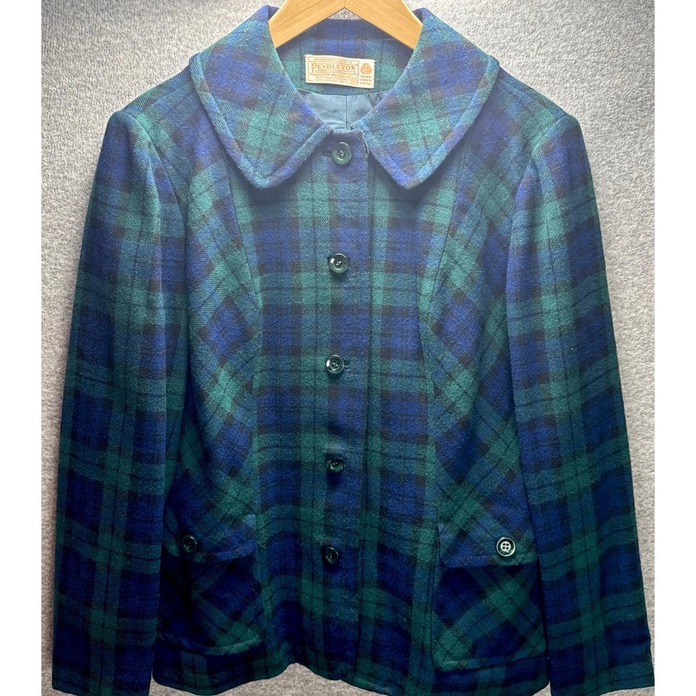 VTG Pendleton Wool Plaid Jacket Womens Black Watch Tartan Button Coat USA Made